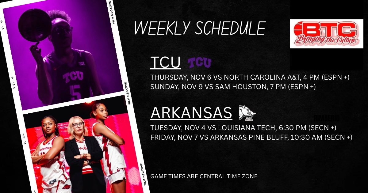 Every Sunday I will be dropping the weekly schedule for <a href="/tcuwbb/">TCU Women’s Basketball</a> and <a href="/RazorbackWBB/">Razorback Women's Basketball</a> around 1pm. Check them both out this week. Let the season begin!