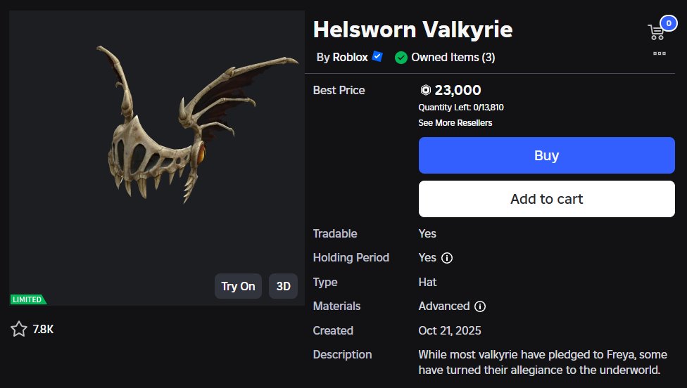 What are y'alls thoughts on Roblox's Helsworn Valkyrie? Is it W item?

What y'all think its price will be a year from now 👀

#RobloxDev
