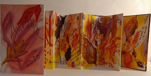 zyarts's tweet image. Another Autumn themed bookwork. Hand printed cover. Painted pages. #bookwork #Autumn