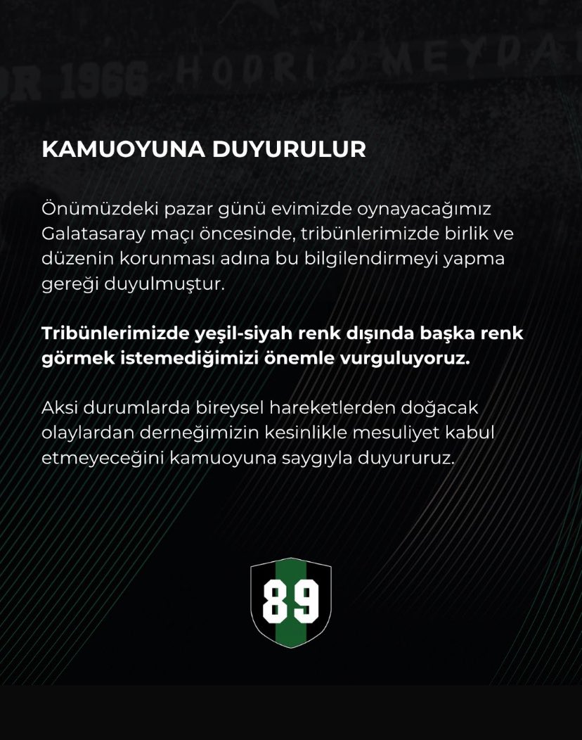 Sadece pazar günkü rakibimizin renklerini değil, sadece tribünlerimizde de değil, deplasman tribünü dışında şehrin hiçbir yerinde YEŞİL ve SİYAHtan başka renk görmek istemiyoruz!!! 
💚🖤