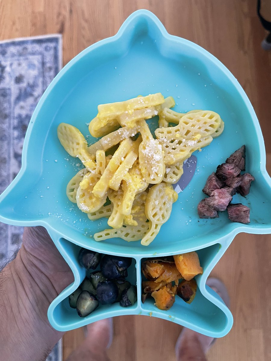 On the toddler menu today - Racchette Carbonara with skirt steak, roasted sweet potato &amp; of course - blueberries. #cheflife