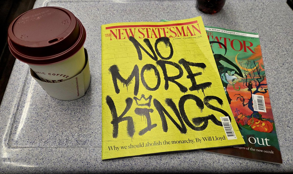 MathewHulbert's tweet image. On the train home after a wonderful time in Brum with @AndycondaInc.
Got a coffee &amp;amp; some political mags to keep me company. 
I especially like this week's @NewStatesman cover! 😀
#NotMyKing 
#AbolishTheMonarchy 
#Republic 
(Cc @Will___lloyd, @georgeeaton, @TomMcTague, @JAHeale)