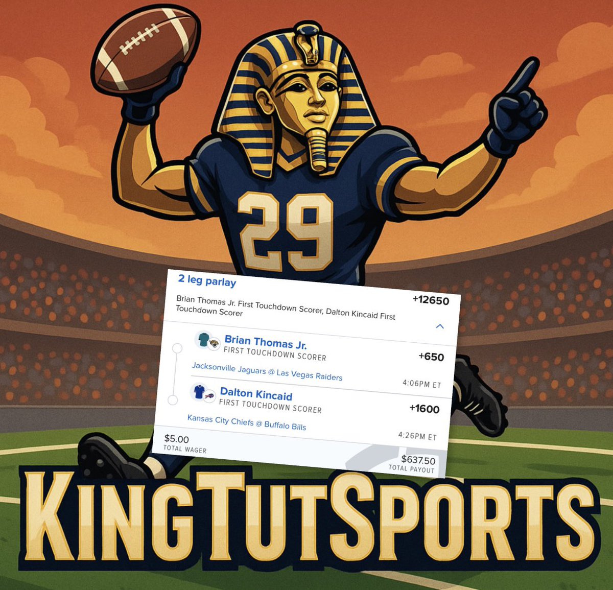 KingTuTSports's tweet photo. KingTutSports 1st TOUCHDOWN PARLAY
ALL WE NEED IS THESE 2 TO SCORE 1ST
$100 TO SOMEONE IF THIS IS A WINNER
MUST LIKE AND BE FOLLOWING @KingTuTSports
@DoctorSports33 #firsttouchdown #TD #parlay #Giveaway #parlay #win #bet #fyp #fypviraltwitter #fypシ #fypage https://t.co/zdqsSQ1K3W