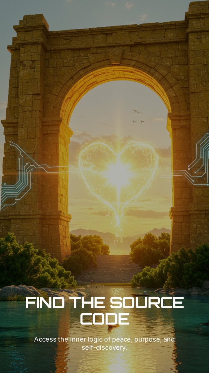 virtue_hearts's tweet image. Find the Source Code&quot; 
This visual bridges ancient architecture with technology, using a glowing heart at the center to symbolize accessing inner peace, purpose, self-discovery. The digital circuit details emphasize Virtueism’s blend of wisdom and contemporary  logic. #Pomelli
