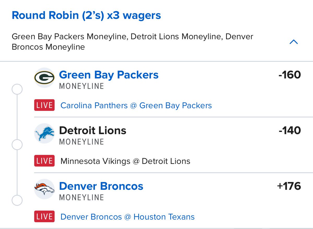 Alex__Monaco's tweet image. Live round Robin!! All teams trail

Packers
Lions
Broncos

#NFLWeek9 #roundrobin #livebetting