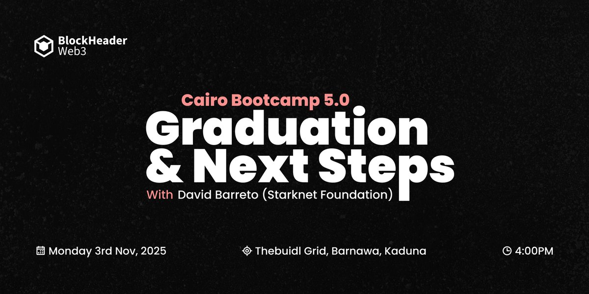 🎓 Cairo Bootcamp 5.0 – Graduation &amp; Next Steps

Join us this Monday as we wrap up Cairo Bootcamp 5.0 and look ahead to the exciting opportunities that await within the Starknet ecosystem.
We’re honored to have <a href="/barretodavid/">David Barreto (BTCFi arc)</a> from the <a href="/StarknetFndn/">Starknet Foundation (BTCFi arc)</a>  joining us for this special