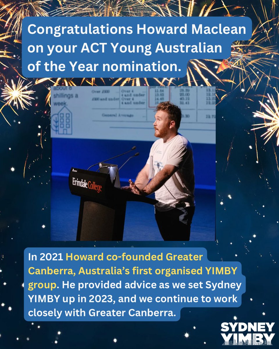 SydneyYIMBY's tweet image. Congrats to Howard Maclean of @GreaterCanberra on being named a finalist for ACT’s Young Australian of the Year!