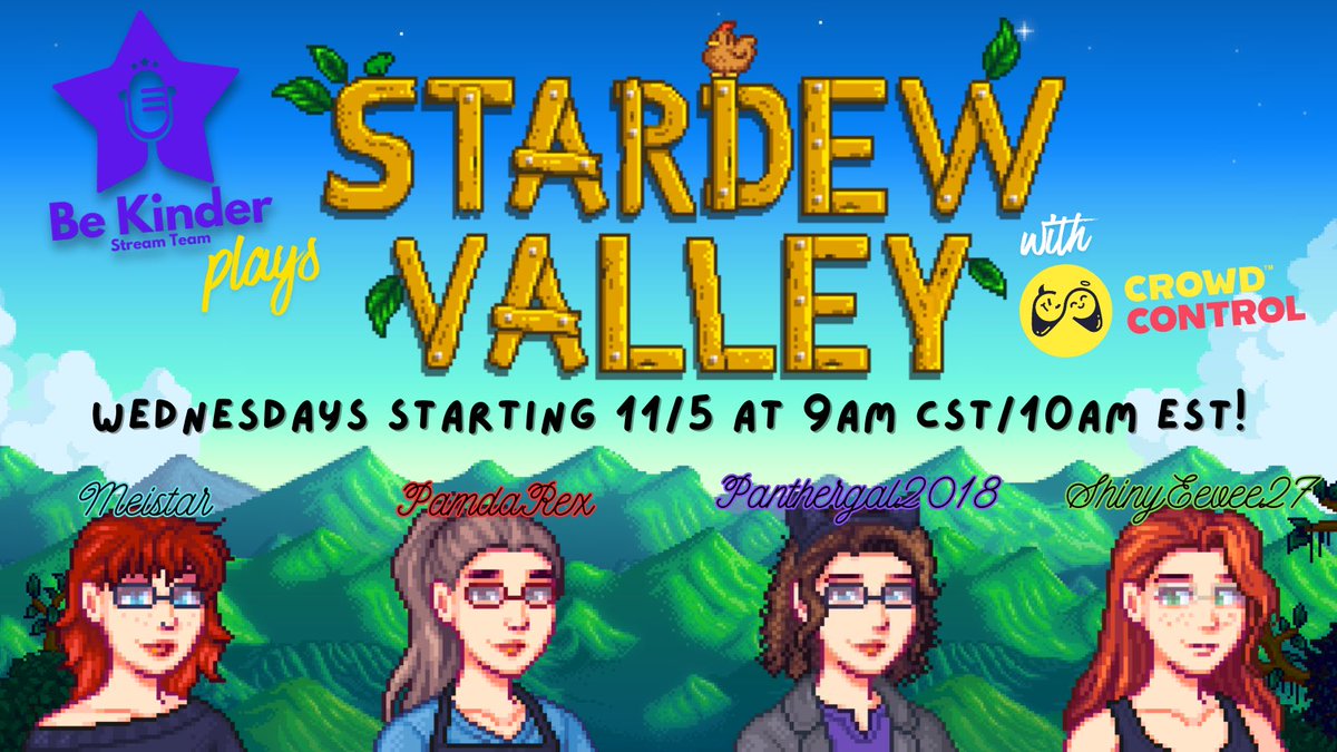 Starting this Wednesday at 9am CST/10am EST hang out with <a href="/Meistar_TTV/">Meistar</a> <a href="/PamdaRexTTV/">Pamda Rex</a> , <a href="/panthergal2018/">Panthergal2018 🐈‍⬛</a>  <a href="/ShinyEevee27/">ShinyEevee27</a> for Stardew Valley with <a href="/CrowdControl/">Crowd Control 2.0</a> active! 

You don't want to miss this!