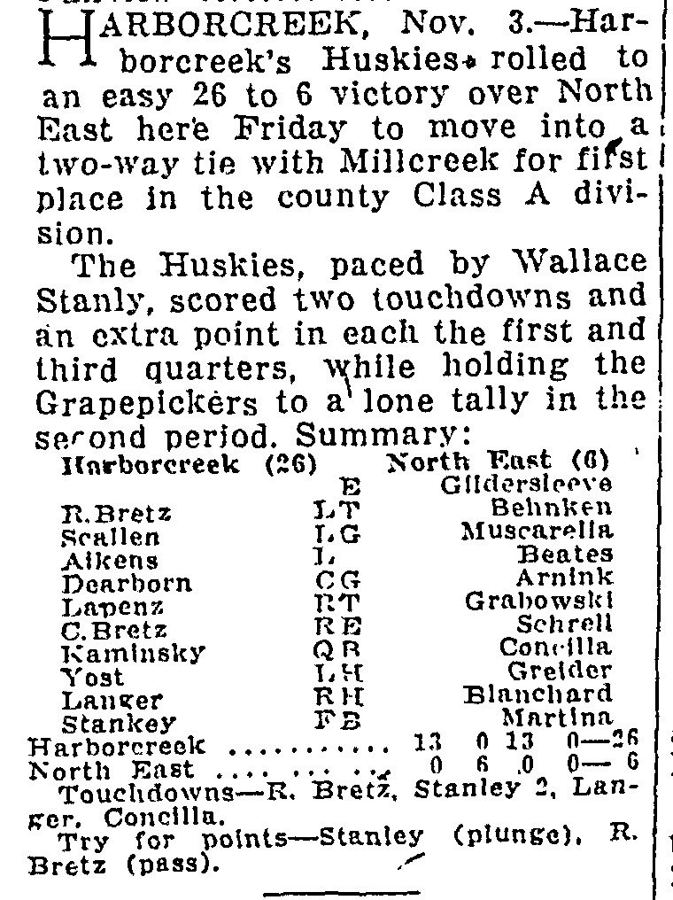 80 years ago today…

The Huskies defeat North East 26-6 to finish tied for 1st in the ECL Class A with Millcreek, capping off the first undefeated season in program history and clinching their 2nd ECL title in 3 years.