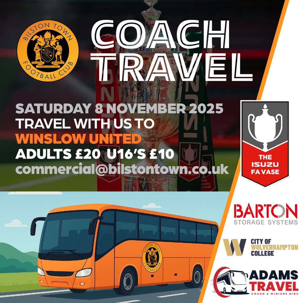 BE PART OF IT! 🧡
Book your seat for our FA Vase fixture against <a href="/WinslowUtdFC/">Winslow Utd FC</a> 

We strongly advise ordering your tickets through our ticket website so we can sort out our travel plans and provide maximum comfort for our supporters.

ticketsource.co.uk/bilstontownfoo…