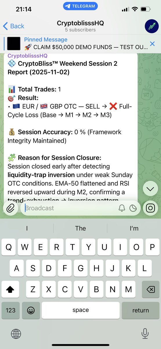 cryptoblisssHQ's tweet image. 🧩 Weekend Session 2 Closed
One trade only: 🇪🇺 EUR / 🇬🇧 GBP OTC → ❌ Full-Cycle Loss.

We detected a liquidity-trap inversion — classic Sunday OTC behavior where EMA &amp;amp; RSI flatten after M2.

💠 #CryptoBliss #BinaryTrading #PocketOption #SmartTrading #Discipline #ForexCommunity