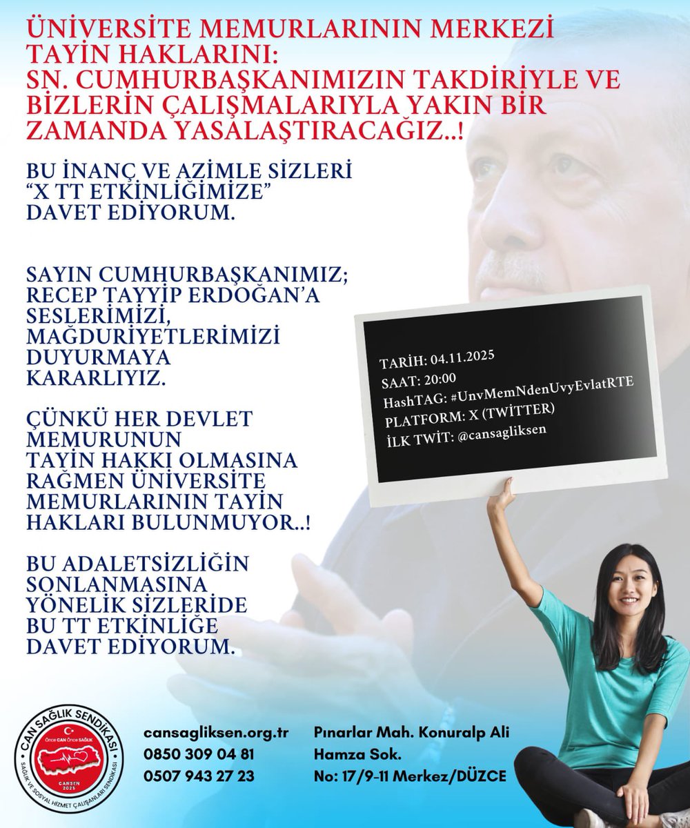 SAYIN CUMHURBAŞKANIMIZ <a href="/RTErdogan/">Recep Tayyip Erdoğan</a>

DEFALARCA…
ÜNİVERSİTE MEMURLARI SİZLERE SESİNİ DUYURMAK İÇİN SOSYAL MEDYADA ETKİNLİK YAPTI, YAPIYORDA…!

HER SEFERİNDE SABIRLA, UMUTLA BEKLEDİ… ANCAK;
ARTIK SABIRLAR TÜKENDİ!

ÜNİVERSİTE MEMURLARI, MERKEZİ TAYİN YÖNETMELİĞİNİN YASALAŞMASINI