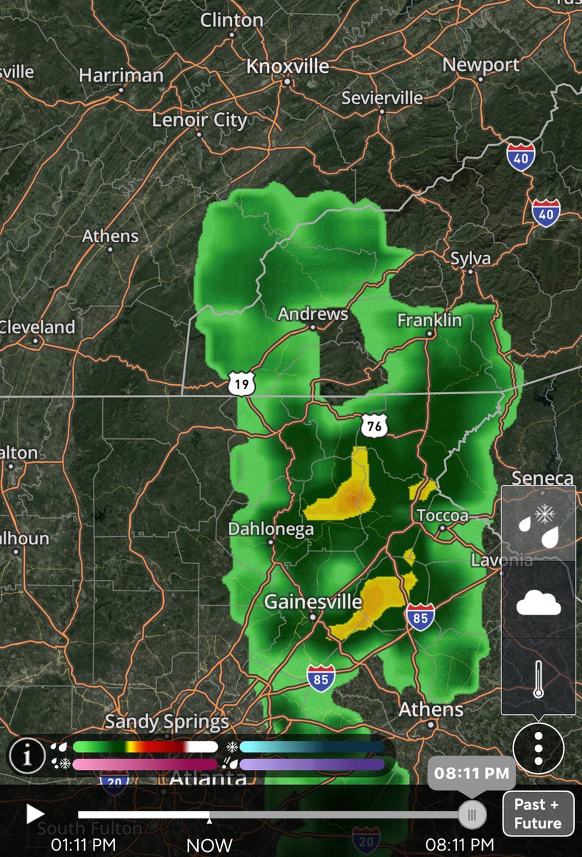 3:12pm Sunday. Latest radar and FutureCast. Showers / storms moving east of Chattanooga within a couple of hours but showers remain in the Blue Ridge Mtns until about 8 or 9pm. @[19114480]
