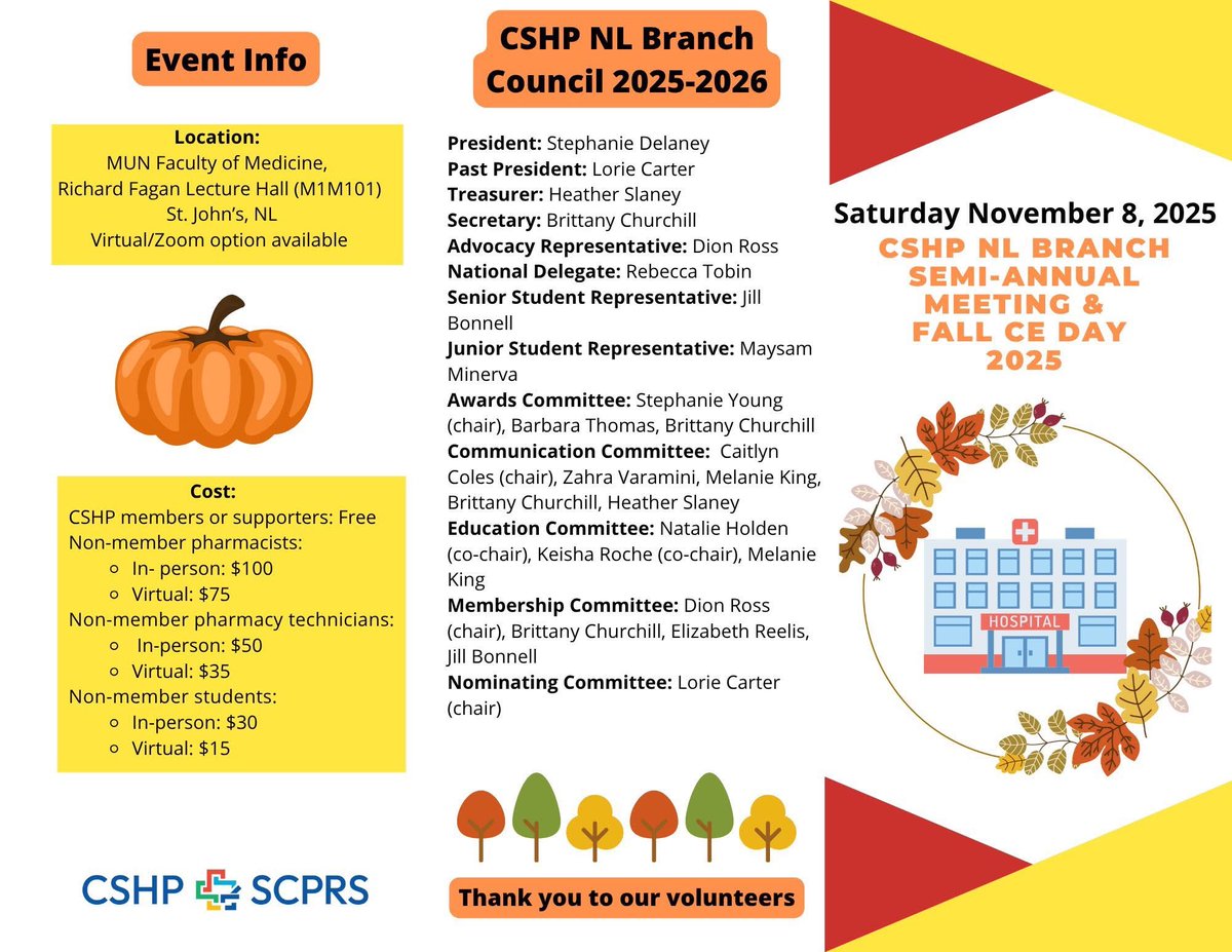 CSHPNLBranch's tweet image. The deadline is tomorrow to register for our Fall Continuing Education Day coming up on November 8! Register below ⬇️

Registration for in-person attendance:
forms.office.com/Pages/Response…

Registration for virtual attendance: cshp-ca.zoom.us/meeting/regist…
