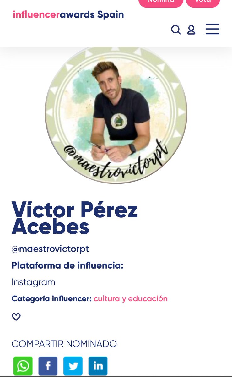 He sido nominado a los PREMIOS Influencers Awards Spain 2025 😍
¿Me ayudas a llegar a la final dándole al ❤️ que hay debajo de “categoría”? (Hay que registrarse para que se deje votar)

GRACIAS #ClaustroVirtual 🫂❤️

influencerawardsspain.com/influencer/v%C…