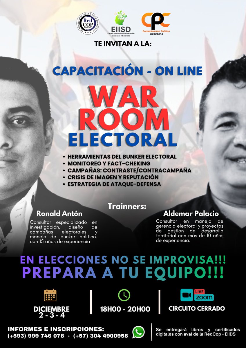 💣 *¡EN CAMPAÑA NO SE  IMPROVISA!* 💣

*¿Tu equipo está listo para la contienda política?⁉️* El éxito electoral se define en el *War Room _(CUARTO DE GUERRA)_*.

_Domina la estrategia, anticipa las crisis y toma decisiones ganadoras en tiempo real. #cuposLimitados