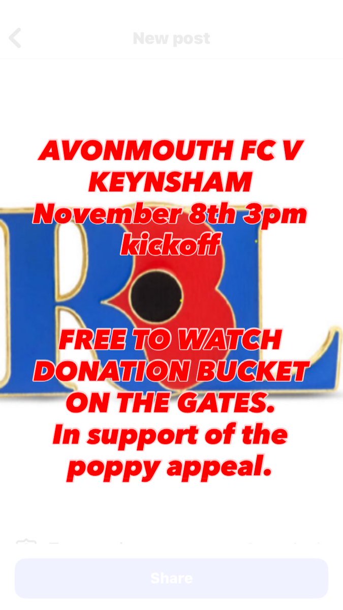 Avonmouth Fc are happy share we have decided this weekends game at home to Keynsham Town will be FREE TO WATCH. All we ask is that you give a small donation at the gate to go towards the Royal British Legion Poppy Appeal.