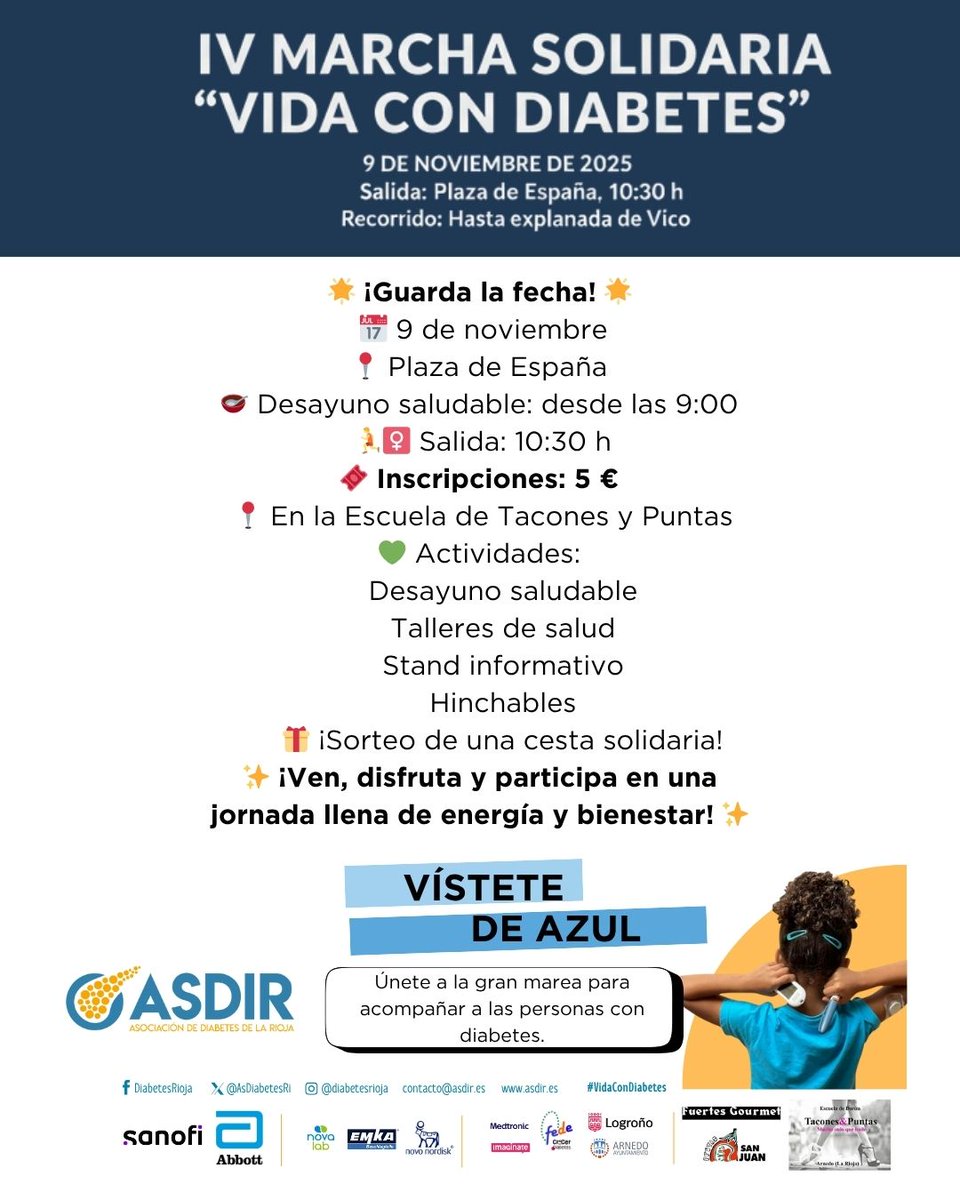 📅 9 NOV · Plaza de España
🥣 Desayuno 9:00 · 🚶 Marcha 10:30
🎟️ Inscripción: 5 € (Escuela Tacones y Puntas)
🎁 Sorteo y talleres saludables
💡 #ArnedoSeIluminaDeAzul
Colabora: <a href="/AsDiabetesRi/">Asociación de Diabetes de La Rioja</a>  + entidades y empresas solidarias