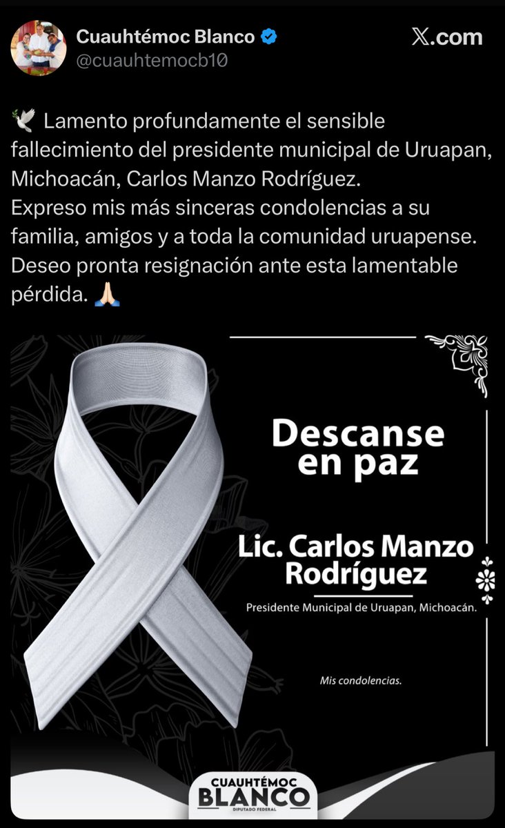 💬 🔴 CORRIGEN A CUAUHTÉMOC BLANCO TRAS MENSAJE POR CARLOS MANZO

El exfutbolista lamentó el “fallecimiento” del alcalde de Uruapan, pero internautas le respondieron con fuerza:

“No fue un fallecimiento, fue un cruel ASESINATO.”
“Tú eres parte de los asesinos. ¿Dónde estabas