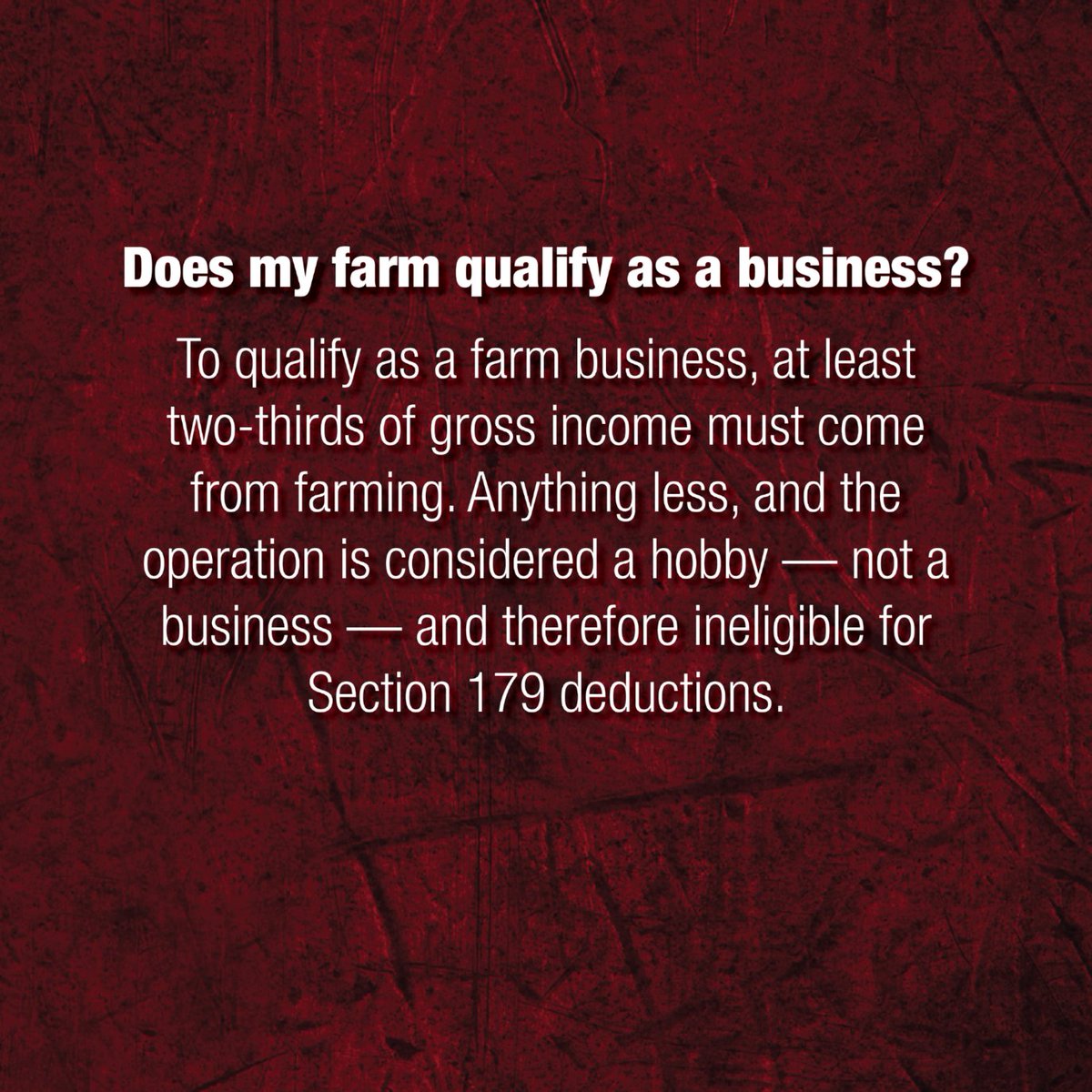 Farming isn't just a way of life. It's a business. And smart business owners know the importance of maximizing their investments, especially when it comes to essential equipment. 

Here are common questions to help you understand Section 179: spkl.io/6018AZMjg.