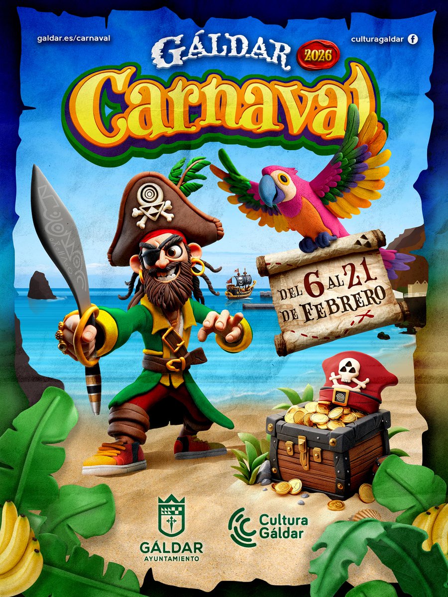 CarrozaCanaria's tweet photo. #Galdar tiene ya cartel y alegoría “Los piratas a la búsqueda del tesoro  perdido” para el carnaval que se celebrará del 6 al 21 de febrero 2026-  siendo la Cabalgata el 14 de Febrero 2026🥳🥳
.
#carnaval2026 #carnival #carrozas #cabalgatas #IslasCanarias #GranCanaria https://t.co/dEjFt5xhu0