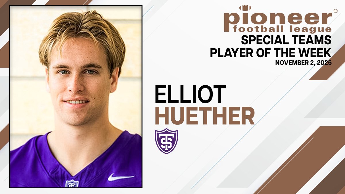 𝗧𝗵𝗲 𝗣𝗙𝗟 𝗦𝗽𝗲𝗰𝗶𝗮𝗹 𝗧𝗲𝗮𝗺𝘀 𝗣𝗹𝗮𝘆𝗲𝗿 𝗼𝗳 𝘁𝗵𝗲 𝗪𝗲𝗲𝗸!

Elliot Huether, St. Thomas 
Huether booted three 50-yard punts, averaged 47.4 yards per punt, and made a 25-yard field goal in the victory against Marist.

Story &gt; pioneer-football.org/news/2025/11/2…

#FCSisBest |