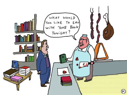 A sopar i a llegir... 

Art © Kamagurka
<a href="/LucZeebroek/">Kamagurka</a>