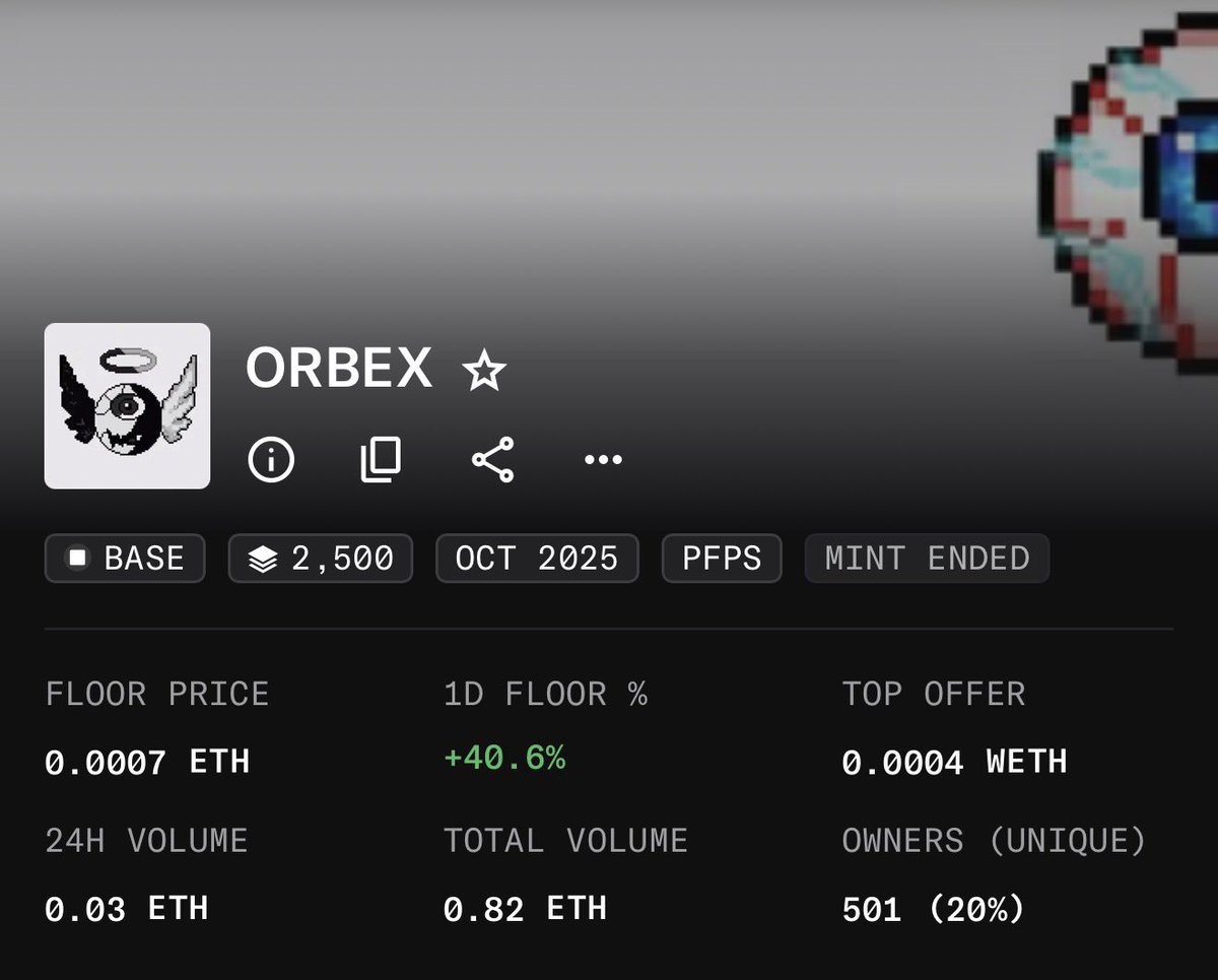 ORBEX just hit its highest floor ever, 0.0007 ETH 🚀 (+40.6%)

501 unique holders &amp; growing strong 💪

If you don’t have an ORBEX in your wallet yet, don’t freak out, you’re still early 😎

Grab one now while the floor’s still low 🔥

This is just the beginning 👁‍🗨

#ORBEX #Base