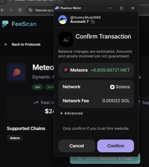 Screenshot of Phantom Wallet confirming a Meteora MET token reward claim