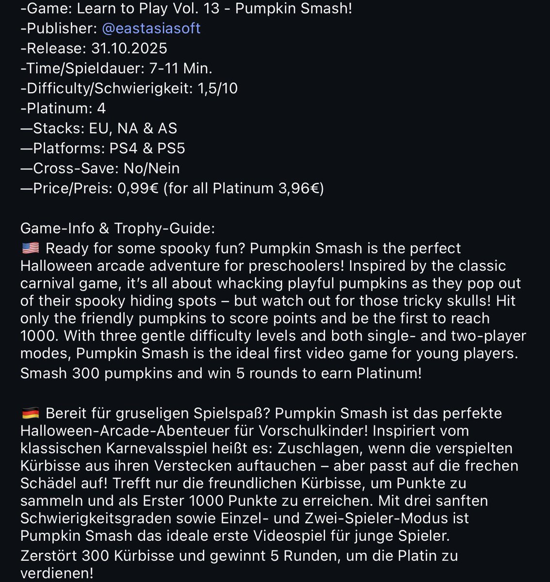 marcelreise11's tweet image. 🎃 Halloween Platinum 🏆

Since friday #LearnToPlay Vol. 13 by @eastasiasoft is available.

instagram.com/p/DQkVuJnDJN8/

@SilentGhost86 @PSN_Robert2567 @TrophyN3rd @PlatCat @DerPlatinjunge @Phil_TDZ @Luc0rval