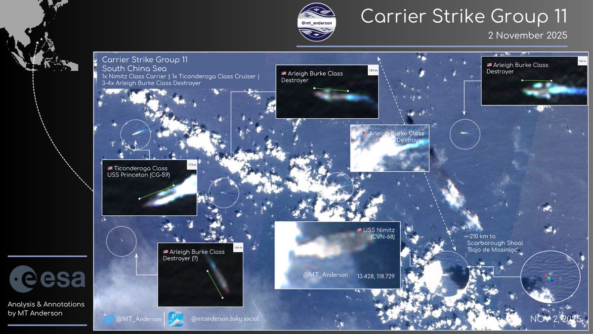 🔎🇺🇸Was This the 'Show of Force'? USS Nimitz Strike Group Positions SE of Scarborough Shoal

OSINT Confirmed (Nov 2): Carrier Strike Group 11 has positioned itself in the South China Sea, operating ~210 km SE of 🇵🇭Scarborough Shoal (Bajo de Masinloc)—a highly contested