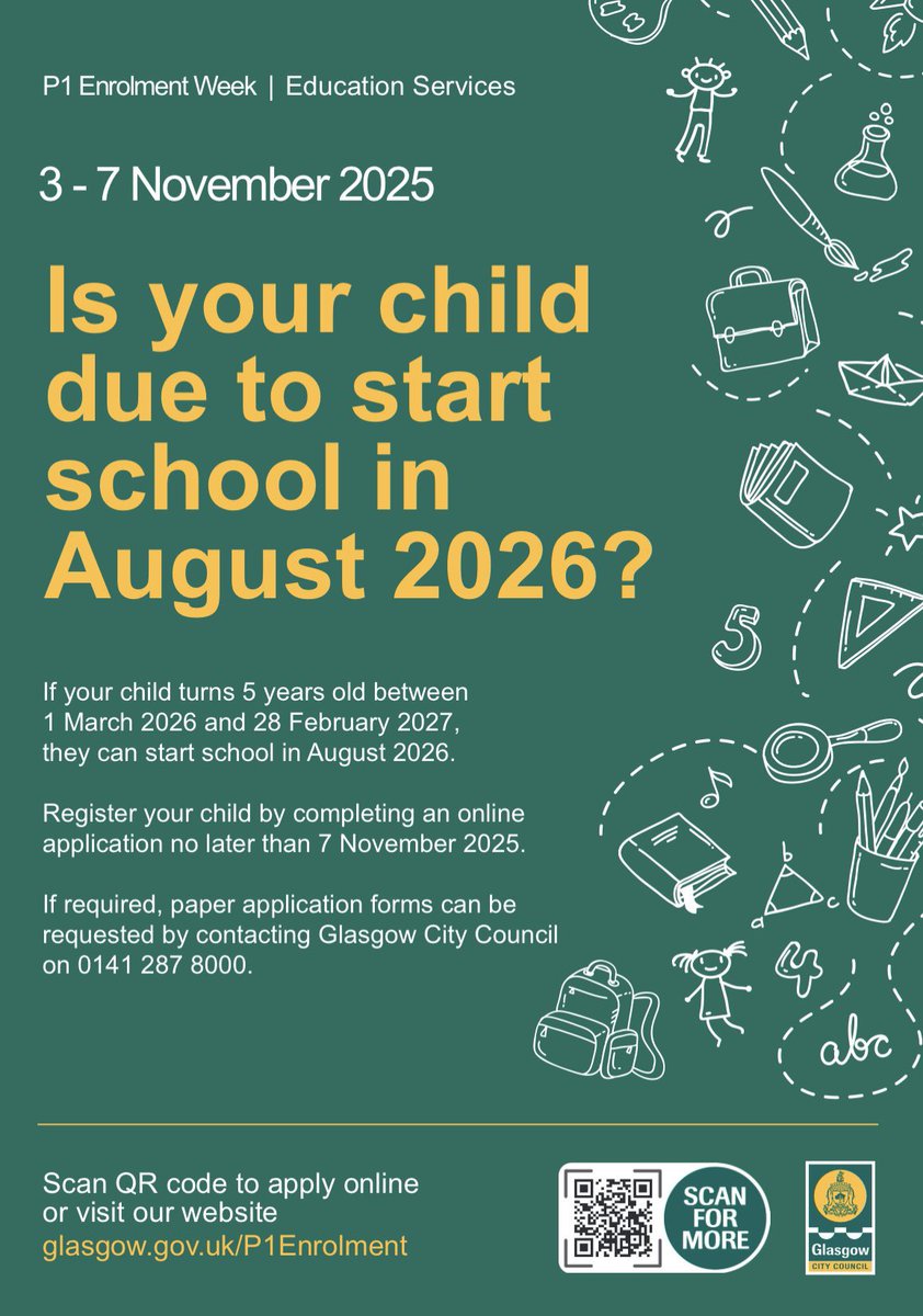Reminder for prospective new P1 families, this is Enrolment Week for children due to start school in August 2026.  Please note, families  must register for their catchment school but can submit a placing request if they wish.  All registrations are now online see below 👇