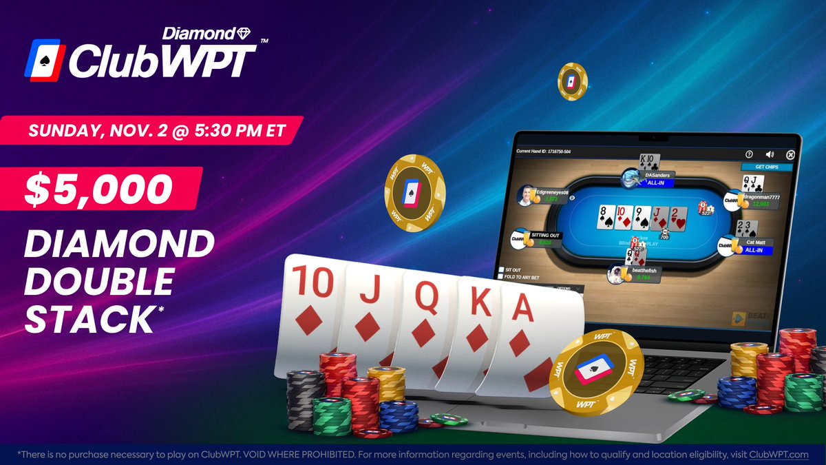 $5K Cash Diamond Double Stack tournament hits ClubWPT this Sunday! 💎

<a href="/ClubWPT/">ClubWPT</a> invites players to test their skill and strategy in the $5K Cash Diamond Double Stack, kicking off Sunday @ 5:30 PM ET. With a $5,000 guaranteed prize pool and $1,000 top prize, this event rewards