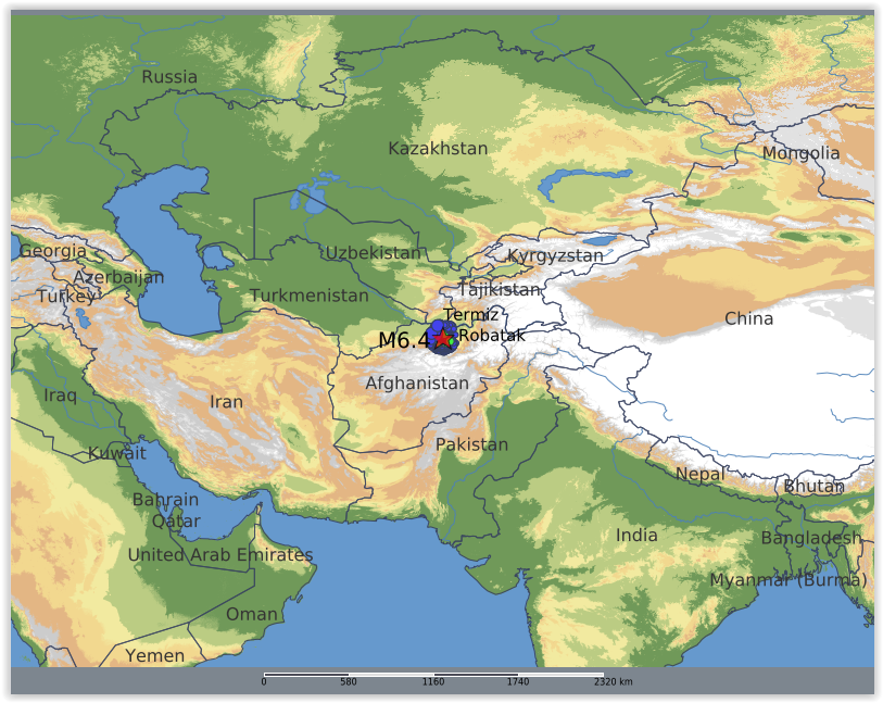 QLARM's tweet image. EARTHQUAKE M6.4. Origin Time: 2025-11-02 20:29:00 UTC, Hindu Kush, Afghanistan, region (36.46 ; 67.6), Depth: 10.0 km, (source(s): ). Estimated fatalities: 50 to 1000, injured: 300 to 3200