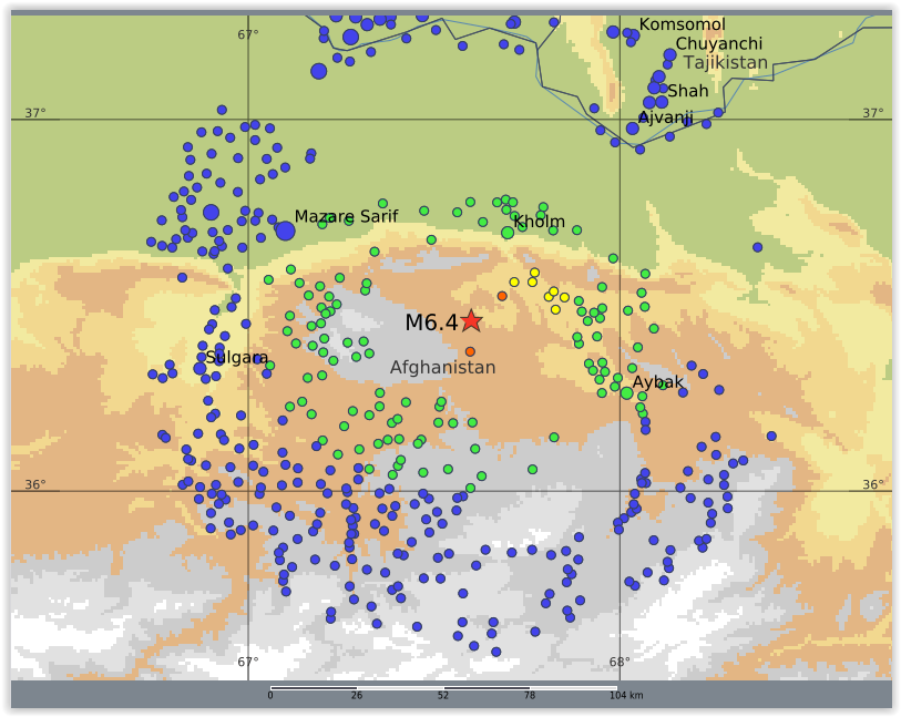 QLARM's tweet image. EARTHQUAKE M6.4. Origin Time: 2025-11-02 20:29:00 UTC, Hindu Kush, Afghanistan, region (36.46 ; 67.6), Depth: 10.0 km, (source(s): ). Estimated fatalities: 50 to 1000, injured: 300 to 3200