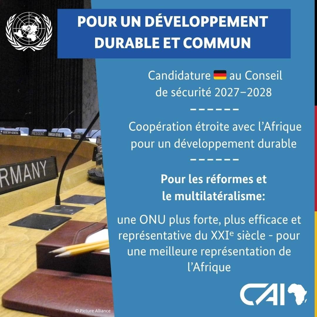 Allemagne_RDC's tweet photo. 🌍 Pour un monde plus sûr, juste et durable.
Depuis 50 ans, l’🇩🇪 agit au sein des #NationsUnies pour la #paix, la #justice, le #climat &amp; le #développementdurable.
Candidate au Conseil de sécurité 2027-2028, elle reste un partenaire fiable du #multilatéralisme. #HalloAfrique #ONU https://t.co/l4o0fHWIgc