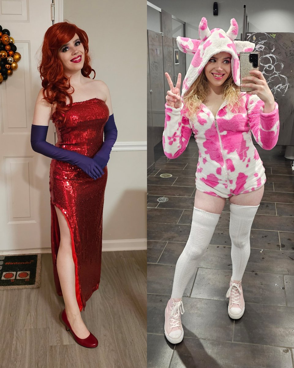 Happy Halloweekend!!! 🎃👻🦇 I wore Jessica Rabbit out on Friday and suffered wandering the streets of Raleigh all night in heels, so Saturday night was comfy cow mode time 🐄 It was totally worth it tho hehe
