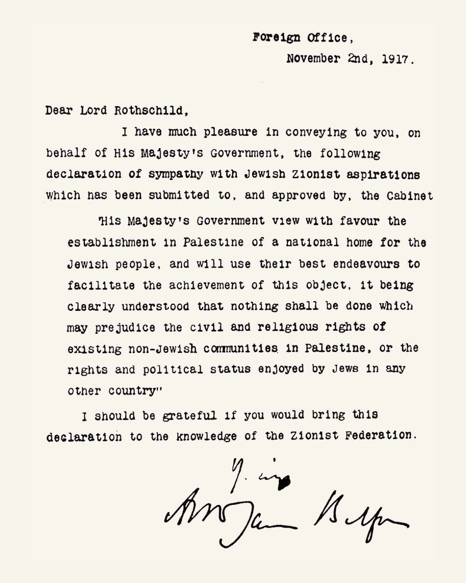 On November 2, 1917, 

The Balfour Declaration was issued as a letter from British Foreign Secretary Arthur Balfour to Lord Rothschild
