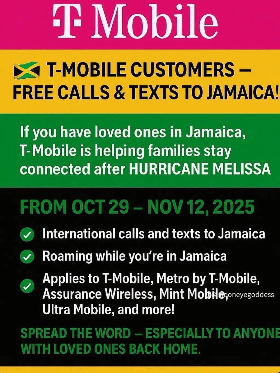 YawehsDaughter's tweet image. Please share with your network to help get the word out.
.
.
#TMobile #FreeCalls #Jamaica #ThankYou #CaribbeanDiaspora #HurricaneMelissaRelief #HurricaneMelissa2025 #JamaicaRelief #JamaicaStrong #LimitedTime #TellYourNetwork