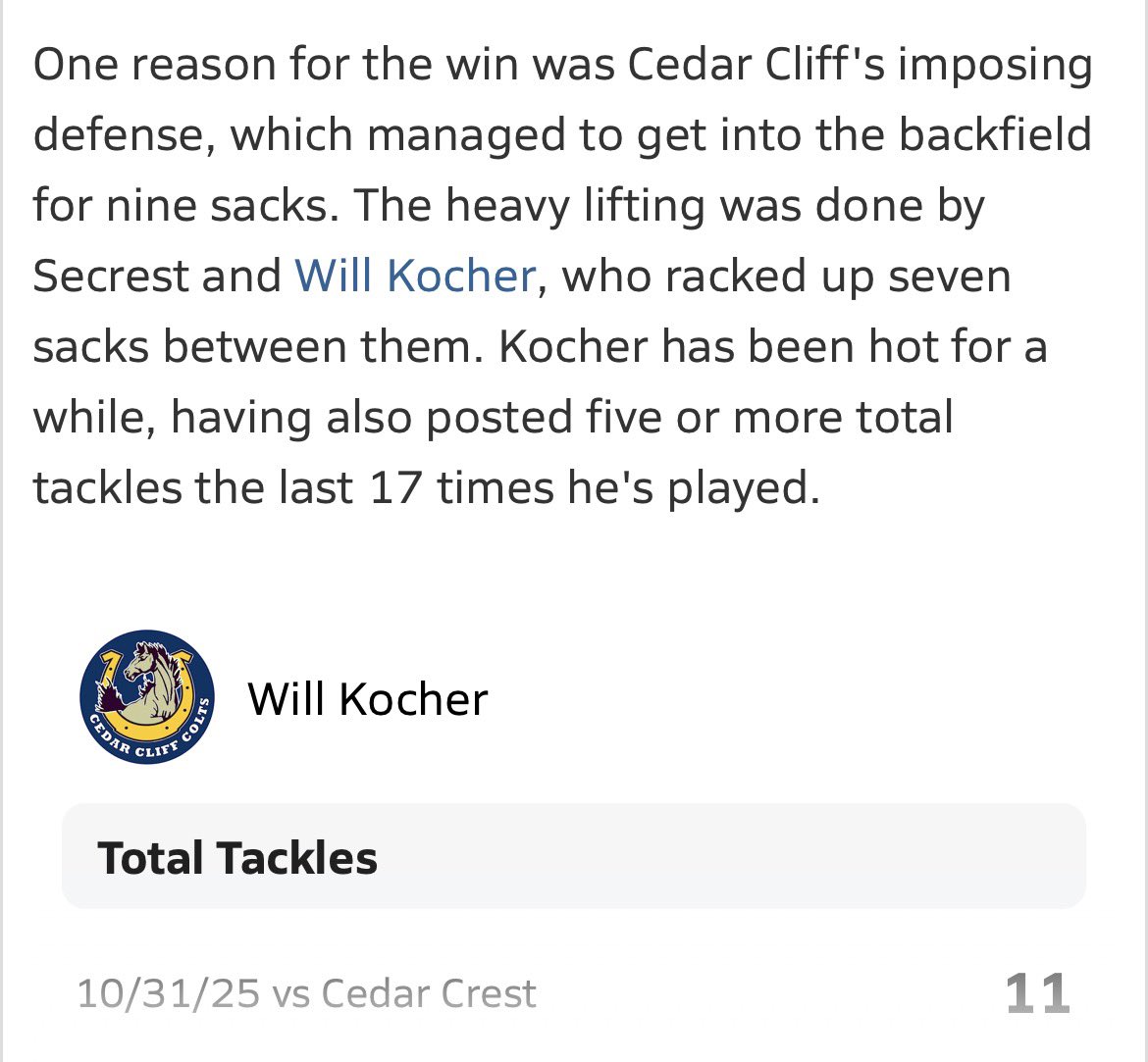 Thanks <a href="/MaxPreps/">MaxPreps</a> for the coverage and article of our first ever 6A playoff win.  #rollcolts <a href="/ColinGillen1/">Coach Gillen</a> <a href="/Coach_Que39/">Je’Quan (Que) Fairell Sr. 🏁</a> <a href="/CoachRowe34/">Cory Rowe</a> <a href="/___Dwil/">Coach D Wil, M. Ed</a> <a href="/dan_sostek/">Dan Sostek</a> <a href="/mrpafootball/">mrpafootball.com</a> <a href="/PaFootballNews/">Pennsylvania Football News</a> <a href="/footballcoach79/">coachweider</a> <a href="/ScipScip/">Ryan Scipio</a> <a href="/EdOBrienCFB/">EdOBrienCFB</a> <a href="/SportsByBLinder/">Brian Linder</a> <a href="/ScottPaterno/">Scott Paterno, Shabbos Goy</a> <a href="/JHill_PSU/">Jordan Hill</a> <a href="/Pa_Preps/">High School Sports on PennLive</a>