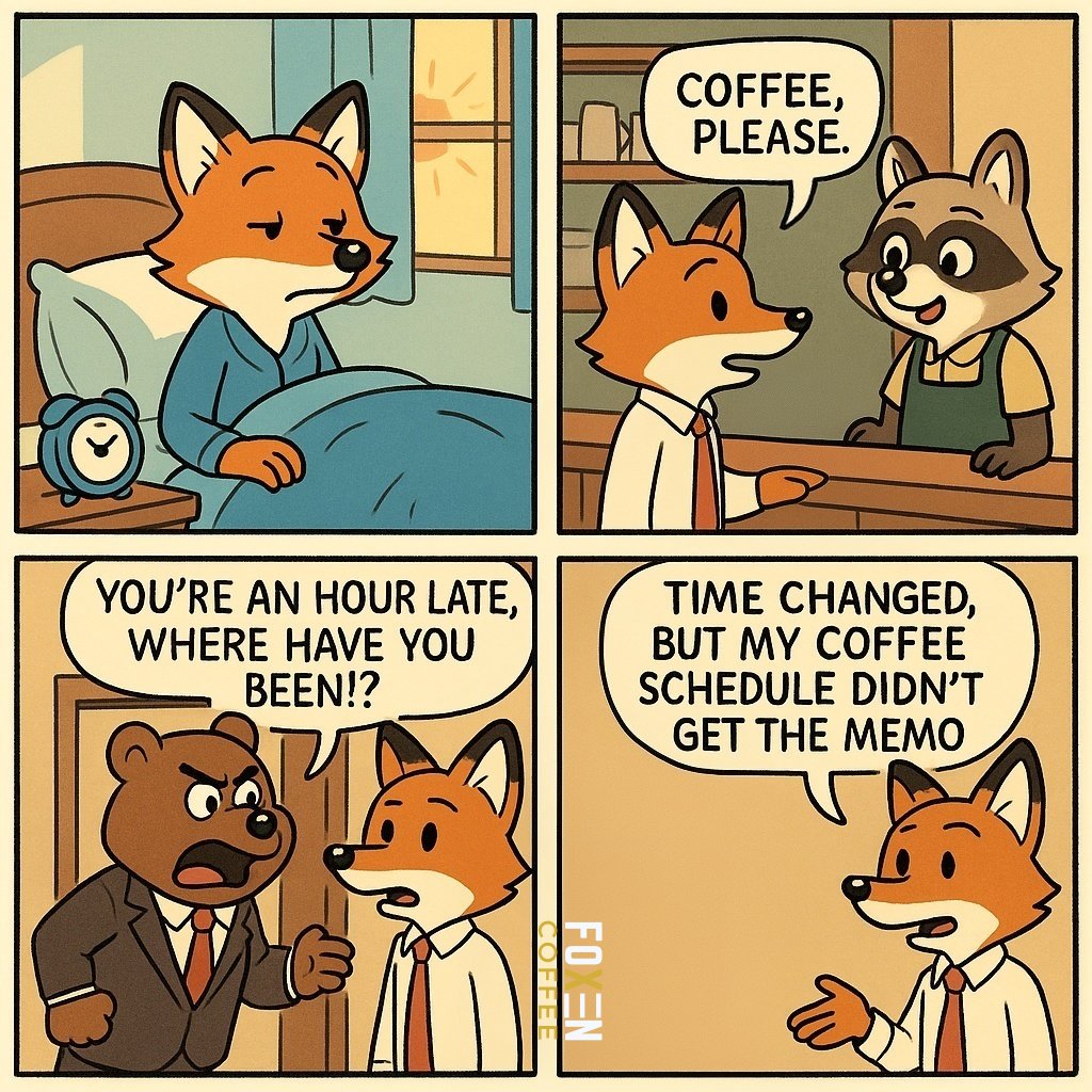 FoxenCoffee's tweet photo. Daylight savings time. 🦊☕ https://t.co/wKisO8MW7E