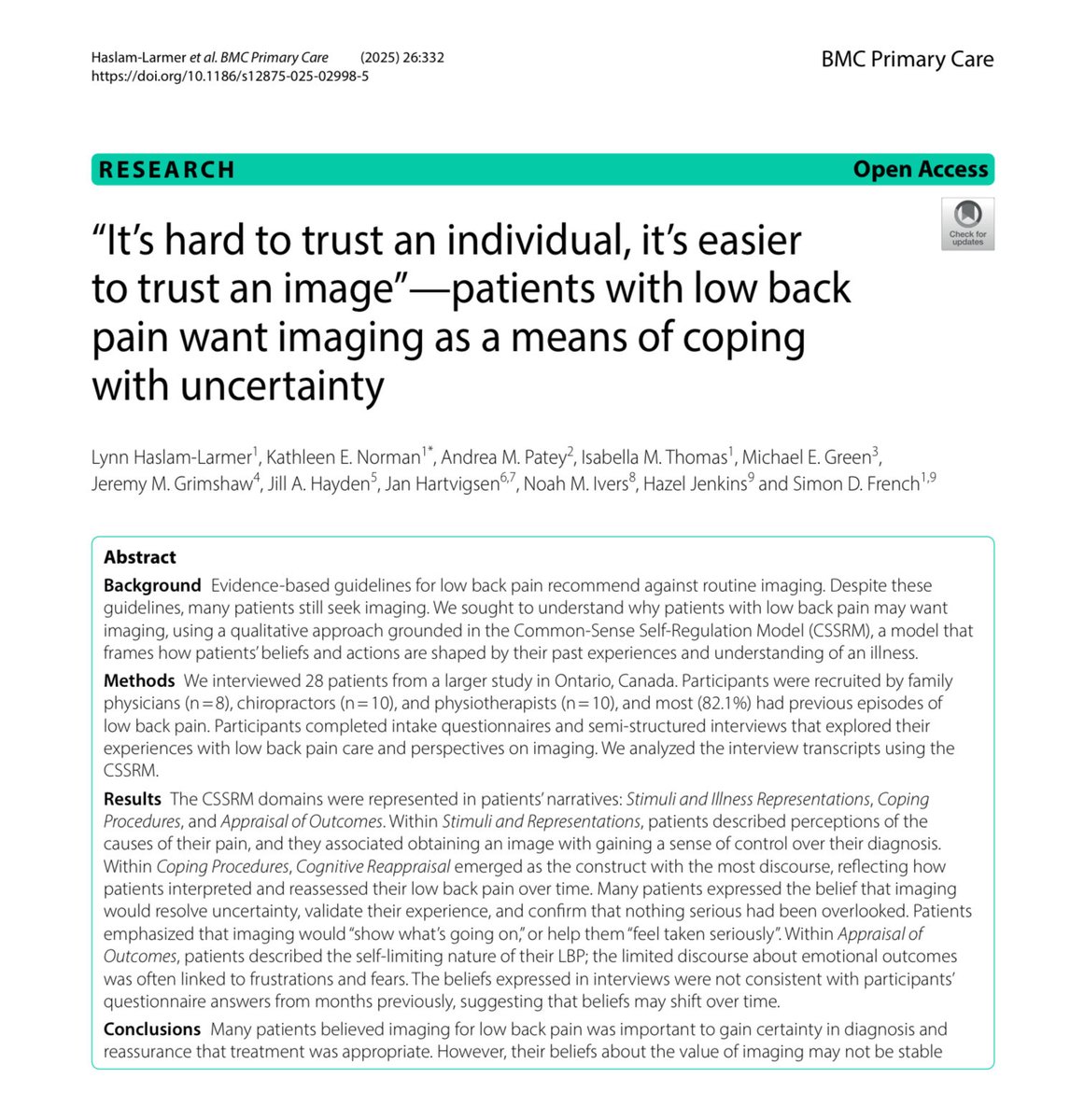 “It’s hard to trust an individual, it’s easier to trust an image”—patients with low back pain want imaging as a means of coping with uncertainty bmcprimcare.biomedcentral.com/articles/10.11…