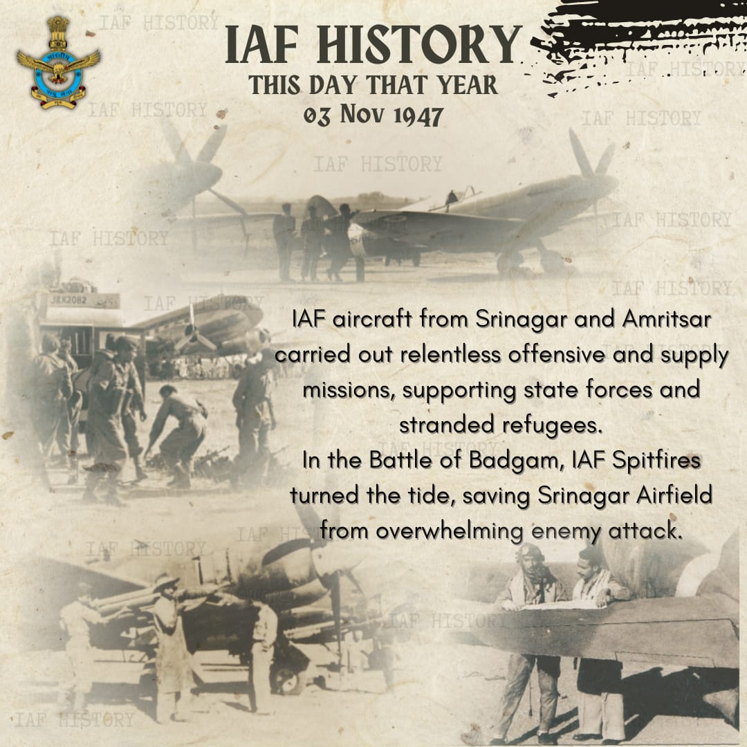 IAF_MCC's tweet image. #ThisDayThatYear in 1947 
03 Nov — The Battle of Badgam.

As chaos gripped Kashmir, the Indian Air Force took to the skies to defend the Valley. From Srinagar and Amritsar, Spitfires, Harvards &amp;amp; Tempests struck deep destroying enemy positions, air-dropping supplies, and turning…