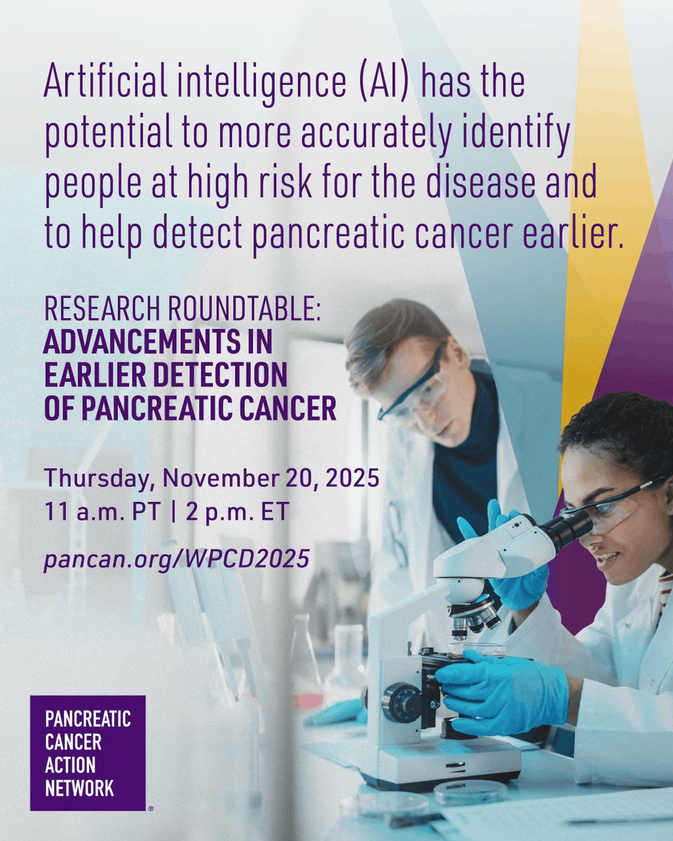 PanCAN's tweet photo. Too many patients with #pancreaticcancer are diagnosed too late, when the disease has spread and surgery is no longer an option. Researchers have been trying to unravel this challenge for decades and now, new tools and technology are providing optimism for earlier detection strategies that improve outcomes. 💜 

Join PanCAN on World Pancreatic Cancer Day to hear from top researchers and leaders in the field who are working to transform how we identify people at high risk for the disease and detect pancreatic cancer at an earlier stage, when it's more treatable.

Visit 🔗 https://t.co/U4caf2DODt to RSVP for this free, virtual event!