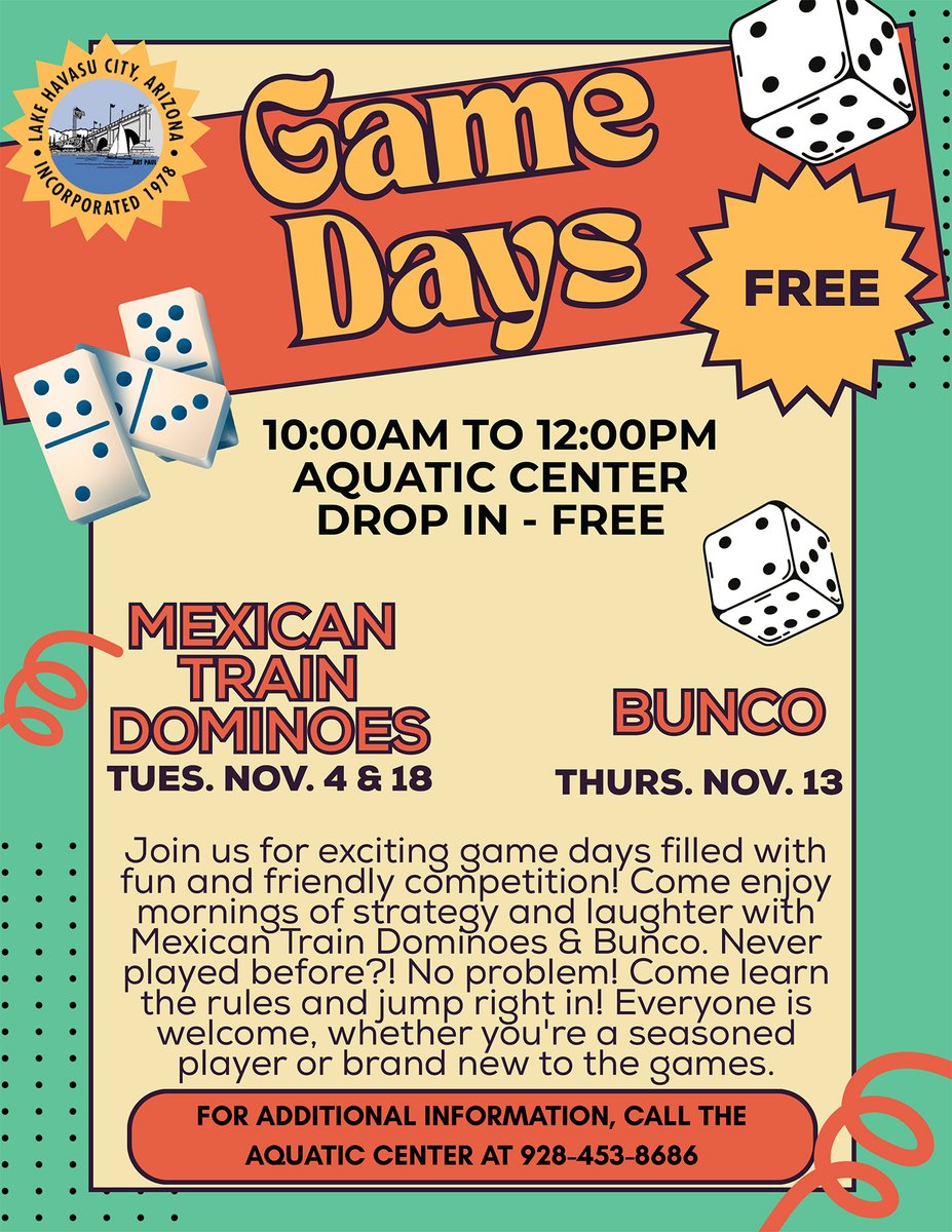 LHCAZGOV's tweet image. Join us for free, fun-filled Game Days featuring Mexican Train Dominoes and Bunco! Bring your friends—or make new ones—as you enjoy friendly competition and lots of laughs.

#LakeHavasuCity #LHCParksAndRec #GameDayFun #CommunityEvents #Bunco #MexicanTrainDominoes