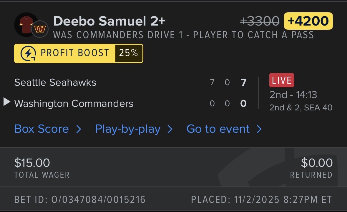 DiSiena89's tweet photo. Can somebody explain to me why this doesn’t cash? He catches one in the second quarter but it’s the first drive for Washington. @FDSportsbook @FanaticsBook @FanDuel https://t.co/FuN5xbMS9r