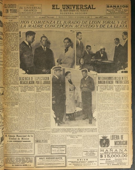 #undíacomohoy en 1928 inicia el juicio en contra de los cristeros José de León Toral, autor del magnicidio de Álvaro Obregón, y Concepción Acevedo de la Llata. También conocida como la madre Conchita, fue condenada a 20 años de prisión, acusada de ser la autora intelectual.