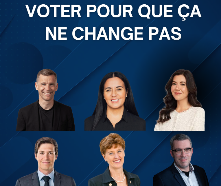 LES QUÉBÉCOIS NE VEULENT PAS DE CHANGEMENT, AU CONTRAIRE

Soraya Martinez Ferrada, Bruno Marchand, Catherine Fournier, Stéphane Boyer, pas de changement, juste des désagréments.

Tous réélus avec des scores soviétiques. 

Ce soir, le verdict est clair : les Québécois ont