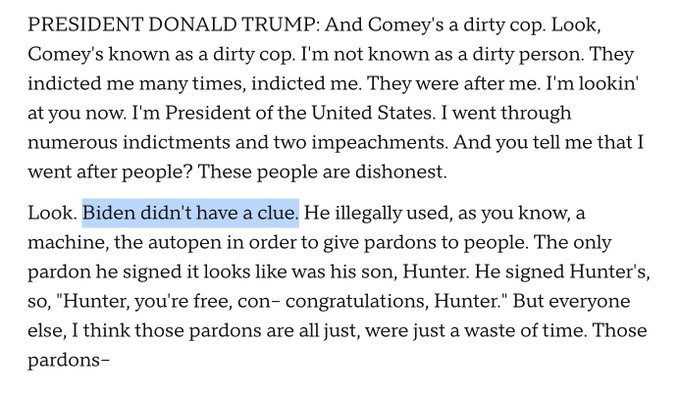 Four images showing transcribed text from a CBS interview between Norah ODonnell and President Donald Trump discussing government actions pardons cryptocurrency involvement and criticisms of Joe Biden and Hunter Biden with visible text blocks detailing Trumps statements on indictments impeachments and sons business activities.