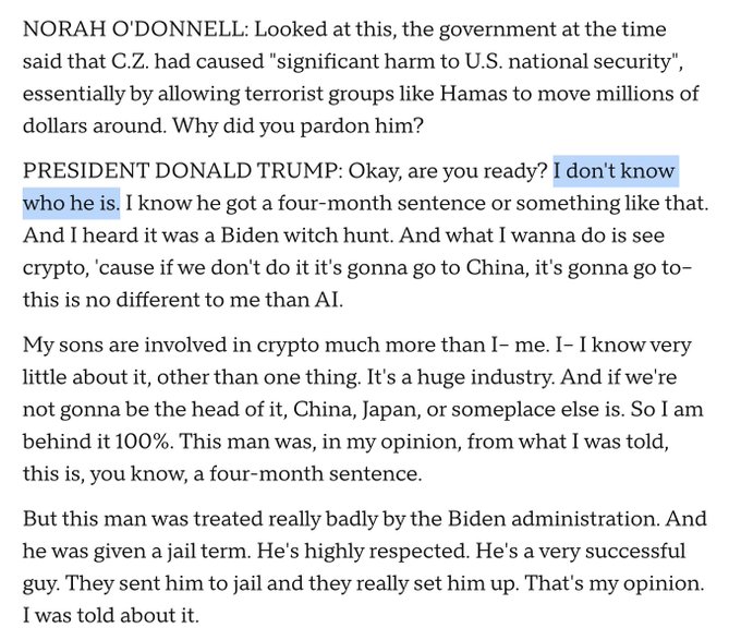 Four images showing transcribed text from a CBS interview between Norah ODonnell and President Donald Trump discussing government actions pardons cryptocurrency involvement and criticisms of Joe Biden and Hunter Biden with visible text blocks detailing Trumps statements on indictments impeachments and sons business activities.